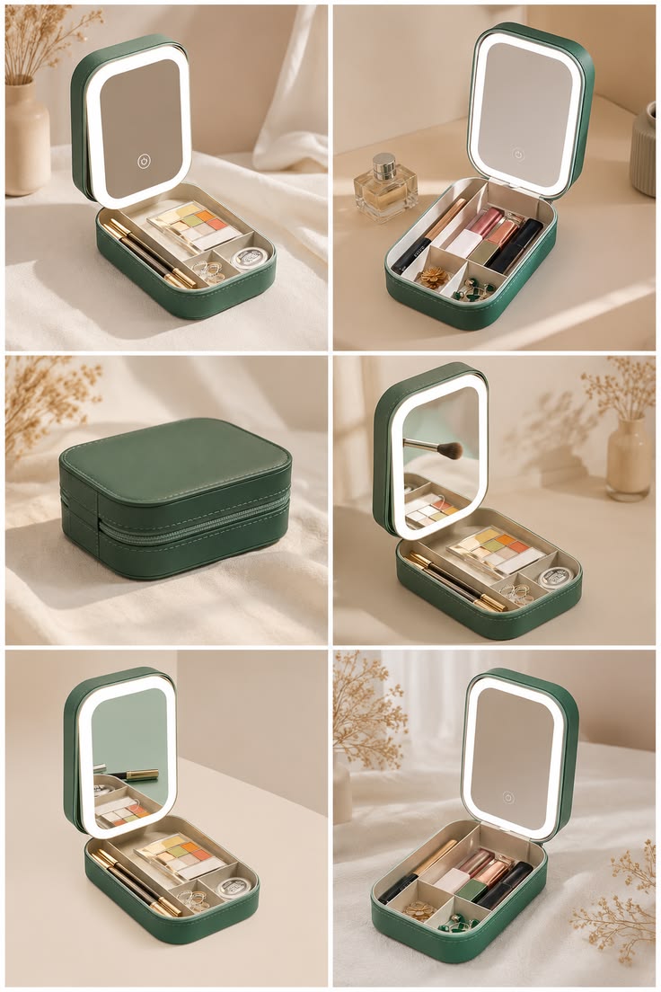 Portable LED Makeup Organizer Case with Touch Light Mirror & Storage Compartments