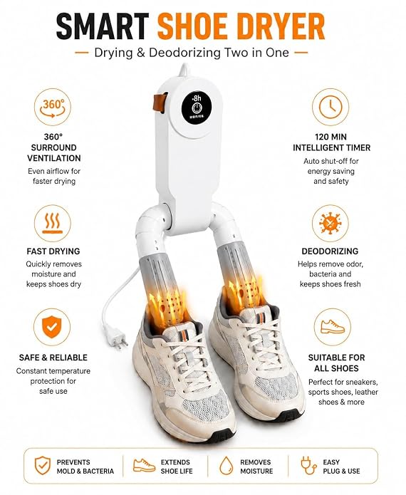 Portable Electric Shoe Dryer & Deodorizer – Fast Drying Hot Air Shoe Dryer