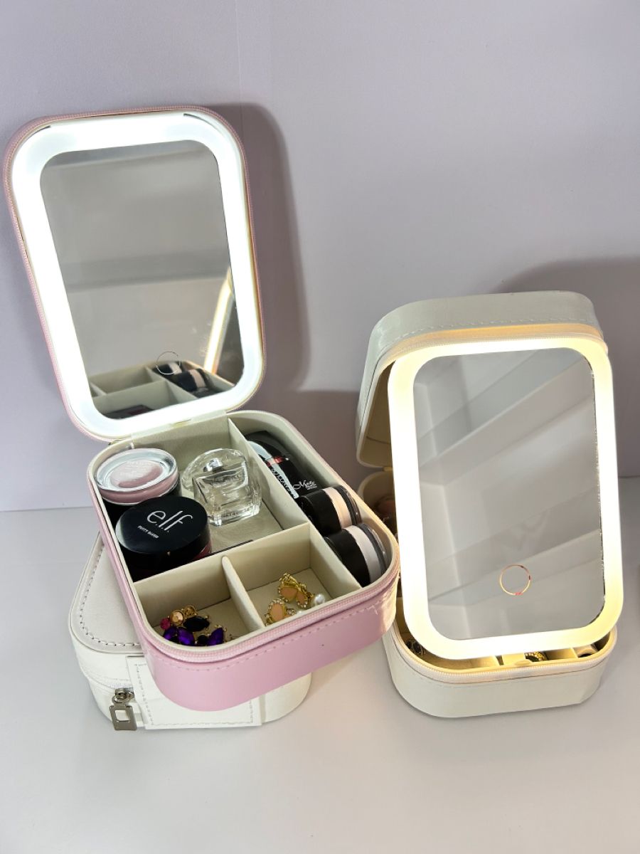 Portable LED Makeup Organizer Case with Touch Light Mirror & Storage Compartments