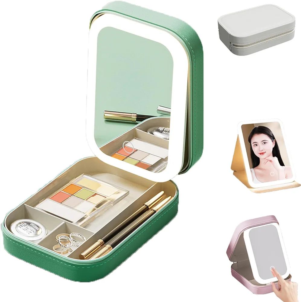 Portable LED Makeup Organizer Case with Touch Light Mirror & Storage Compartments